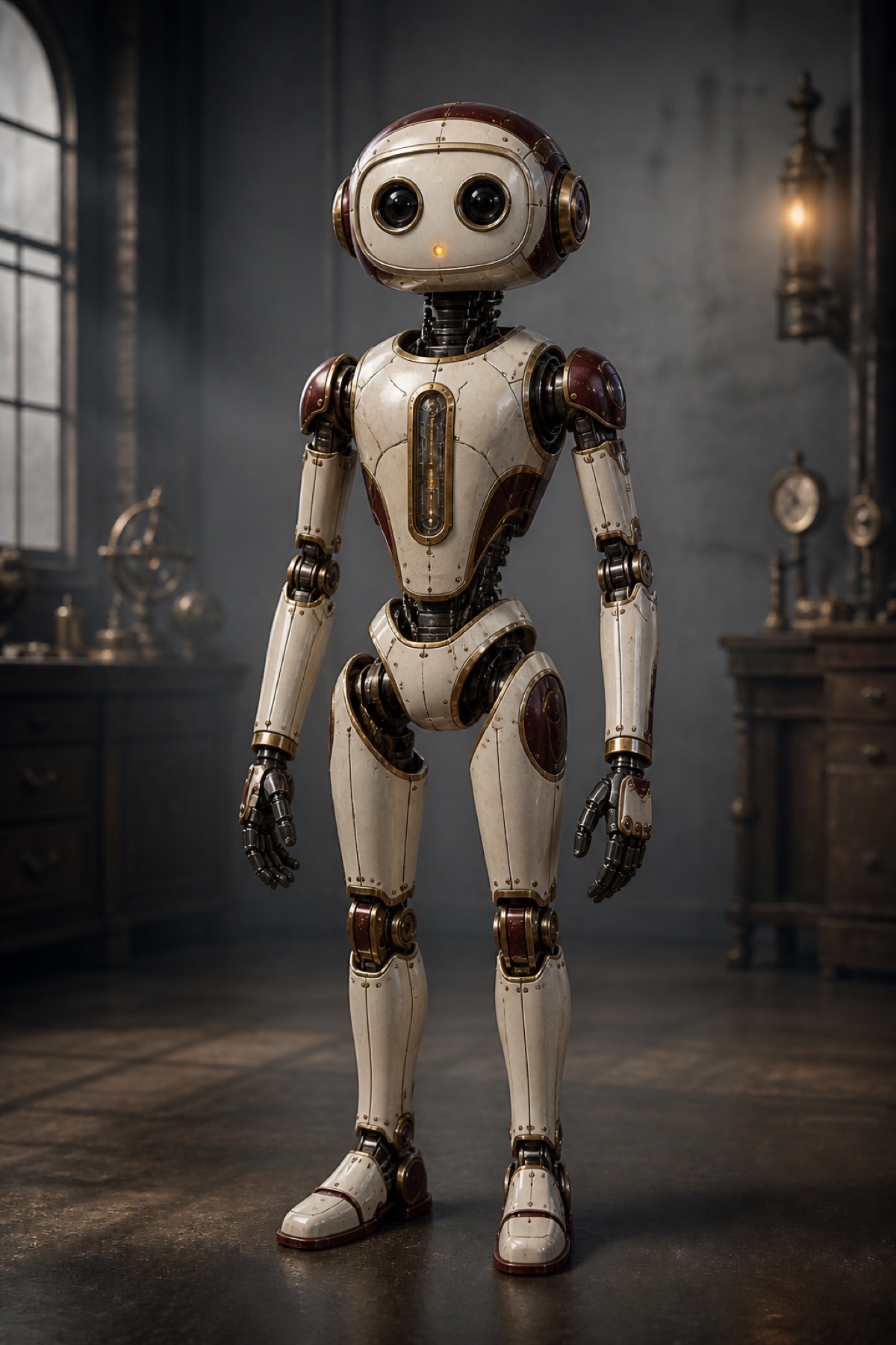 A cream and burgundy Bot in an intricate mechanical workshop